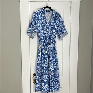 Zara Blue and White Patterned Midi Dress